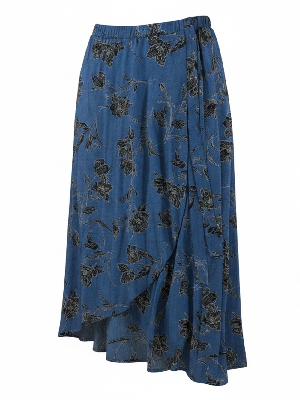 Blue Floral Faux Wrap-around Midi Skirt